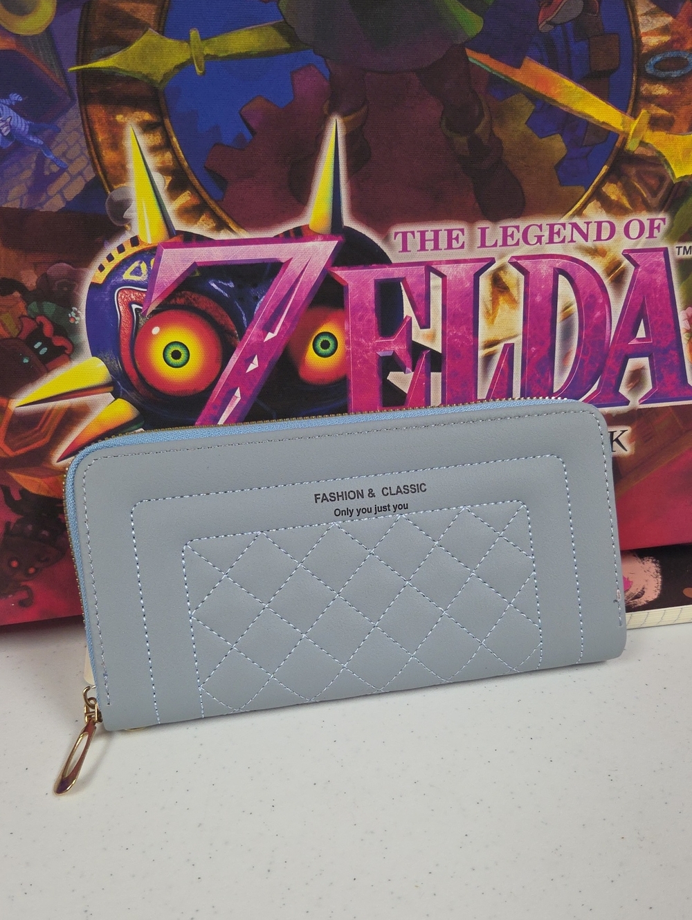 Quilted Zip Wallet — Light Blue